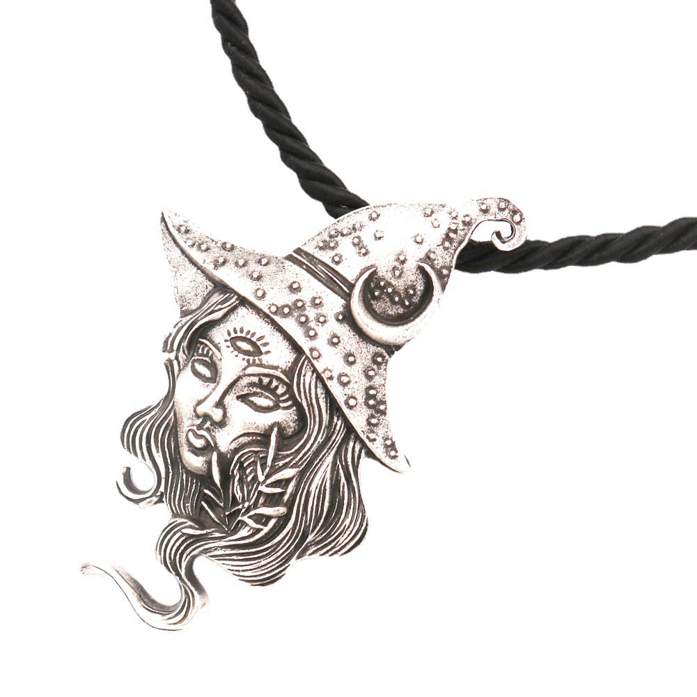 Wholesale Vintage long-haired witch necklace sun and moon witch pendant